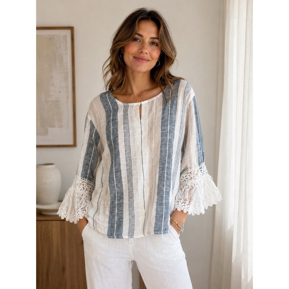 Striped Linen Lace-Sleeve Blouse - Blue & White